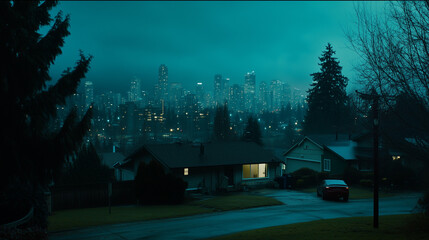 Naklejka premium Darkened homes contrasting lit buildings in urban landscape, symbolizing disparity and the contrast between light and darkness in modern society.