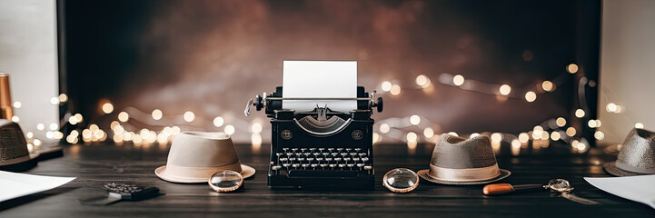 Vintage Typewriter Hats Magnifying Glasses Festive Lights Desk Mystery Writing Novel