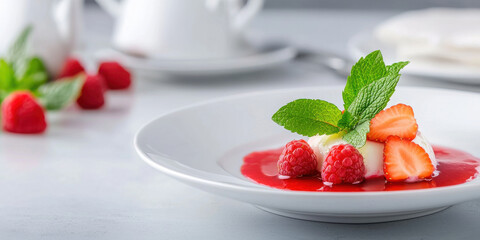 Delicious panna cotta dessert topped with fresh strawberries and raspberries, garnished with mint leaves, perfect for any