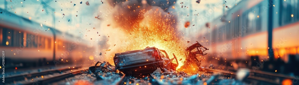 Poster a burning vehicle surrounded by urban buildings and smoke billowing into the sky creating a dramatic