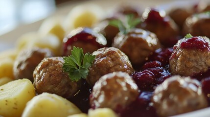 Traditional Swedish meatballs with lingonberry sauce and potatoes. Featuring a comforting and rich dish. Highlighting the texture and flavors of the meatballs. Ideal for food and cultural themes.