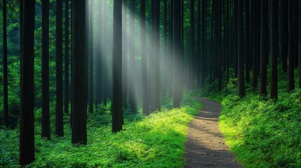 Fototapeta premium A scenic hiking trail through a dense forest with sunlight streaming through, tranquil and inviting