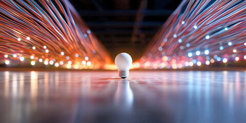luminous light bulb surrounded by dynamic, colorful light trails creates energetic atmosphere