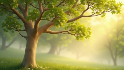 A slender sandalwood tree with a pale trunk and delicate leaves, exuding a calming fragrance, creating a tranquil, serene atmosphere in a peaceful natural environment.