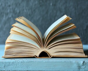 Open antique book on blue wooden surface.