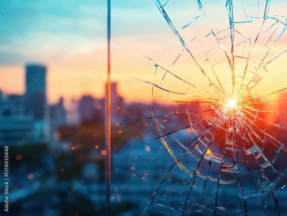 Aufkleber A Broken Window Framed by the Warm Glow of a Setting Sun Casting Long Shadows that Evoke a Sense of Nostalgia and Reflection in a Quiet Setting