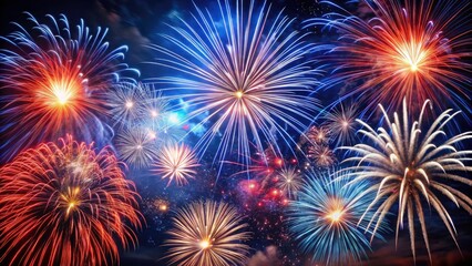 Naklejka premium Red White & Blue Fireworks Photography: 4th of July Celebration Images, American Fireworks Display, Patriotic Fireworks Background