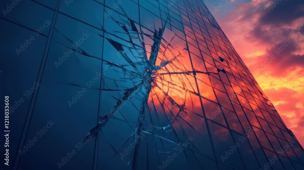 Aufkleber broken glass wall framing a dramatic sunset with warm hues casting shadows and reflecting light crea