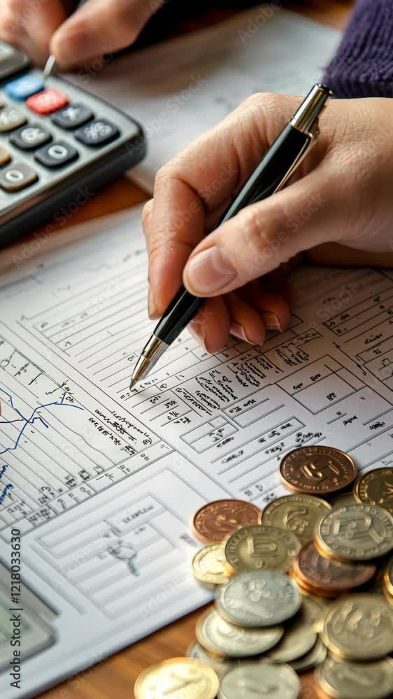 Poster detailed financial analysis in progress with calculator and coins on a workspace