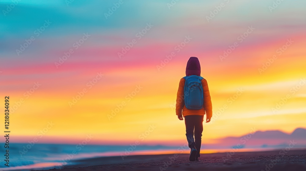 Poster solitary figure walking along serene beach at sunset with vibrant sky and gentle waves creating a pe