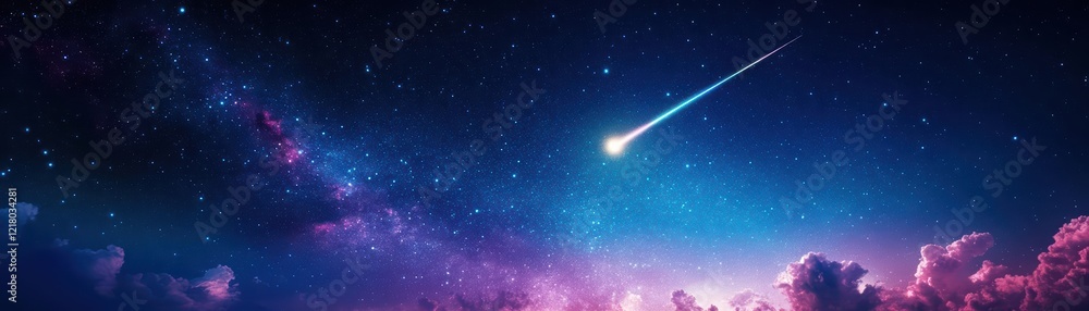Poster celestial display of a brilliant comet traveling across the night sky surrounded by twinkling stars 