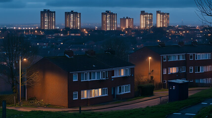 Obraz premium Darkened homes contrasting lit buildings in urban landscape, symbolizing disparity and the contrast between light and darkness in modern society.