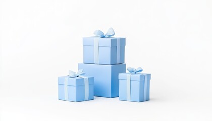 Three beautifully wrapped blue gift boxes stacked together against a clean white background