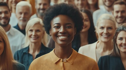 Obraz premium Smiling multiethnic group of happy professionals representing diverse ages gathered at a corporate event displaying positive emotions and unity