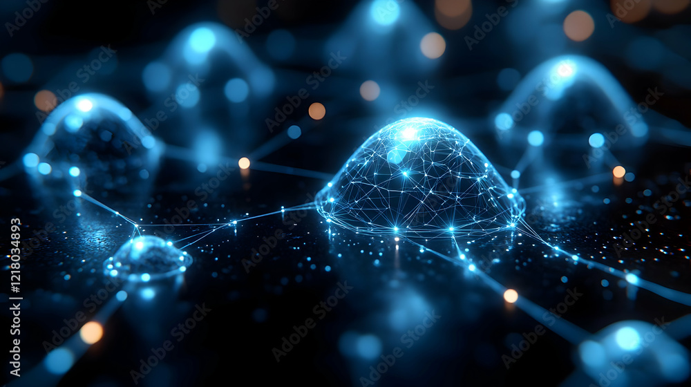 Poster abstract blue digital network background with glowing nodes and lines