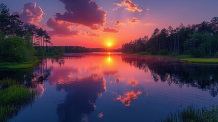 夕焼けを映す穏やかな湖の空撮13