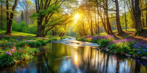 Obraz premium Serene Spring River in a Lush Forest - Tranquil Nature Scene with Flowing Water, Vibrant Greenery, and Soft Sunlight Filtering Through Trees, Perfect for Nature Lovers and Outdoor Enthusiasts