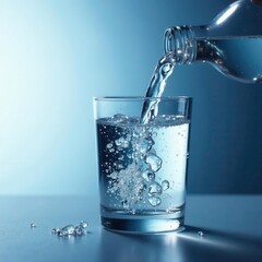 Glass bottle filled with cold mineral water overflows in a glass container, soothing, overflow, water