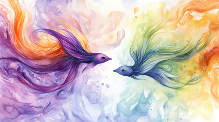 An expressive watercolor of two whimsical fish, their fins flowing like ribbons, featuring bold color gradients of purple