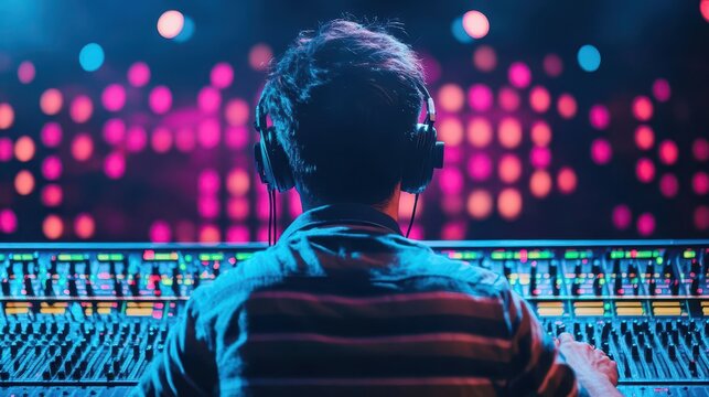 A sound technician working backstage at a concert, intense lighting, professional vibe