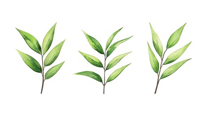 Naklejka premium Three delicate green leaves arranged artistically on a white background, showcasing natural beauty