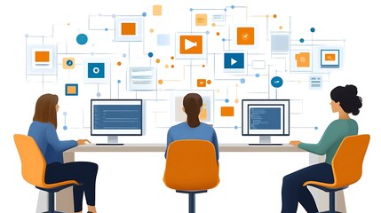 Three women collaborate on a software project, visualized by interconnected digital elements on a screen.