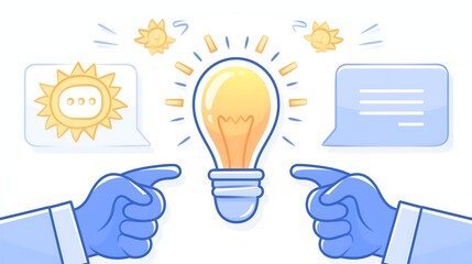 Two hands pointing at a bright idea.