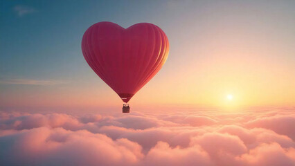 Obraz premium vibrant sky scene at sunrise with a large heart-shaped hot air balloon floating peacefully
