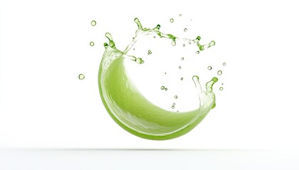 Vibrant green splash of liquid forming a curved shape against a white background, showcasing freshness