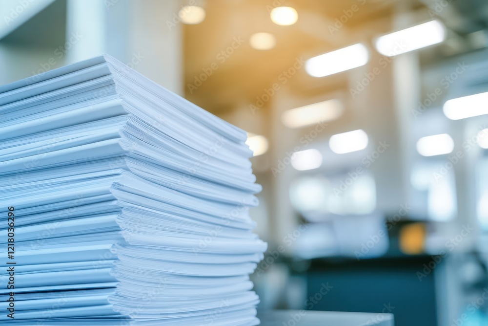 Aufkleber Neatly Arranged Stack of Papers on a Wooden Table Reflecting a Professional Workspace with Soft Natural Lighting Creating an Organized Atmosphere