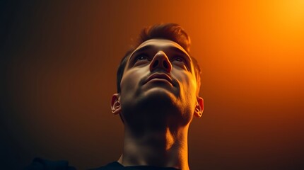 Close-up of a man looking upward in warm light.