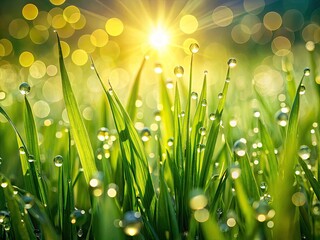 Fototapeta premium Spring Dew Drops Macro Photography: Tilt-Shift Sunlight Reflections on Grass Blades