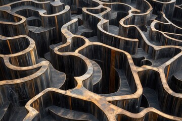 Obraz premium Abstract Geometric Pattern of Winding Paths and Labyrinthine Structures in Dark tones, Showcasing Intricate Design Elements and Textured Surfaces for Artistic Exploration