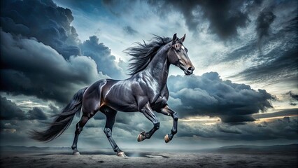 Stunning Black Horse Under Dramatic Cloudy Sky - Captivating Product Photography for Nature and Animal Lovers, Perfect for Marketing and Advertising Purposes, Showcasing Beauty and Strength