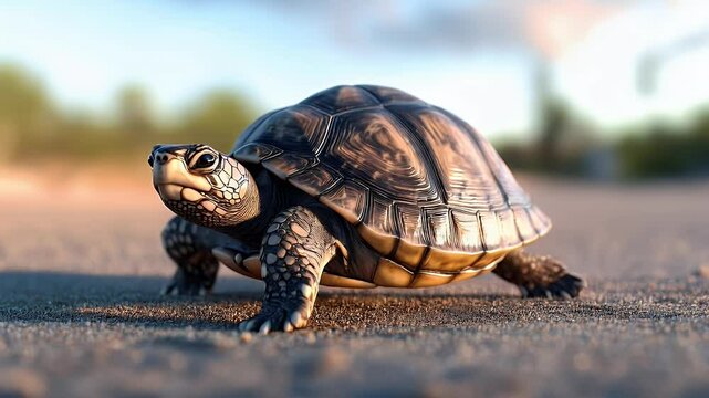 Turtle on the Sand: A close-up view of a determined turtle slowly making its way across a sandy beach at sunset, showcasing the intricate details of its shell and the textures of the sand.  , 4k video