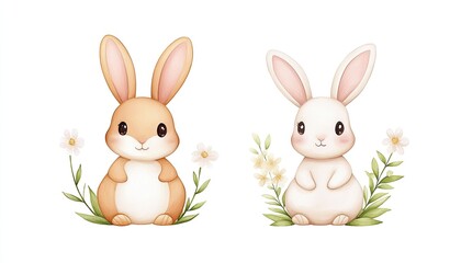 Obraz premium Two cute cartoon rabbits sitting among flowers, showcasing their playful nature in a bright background