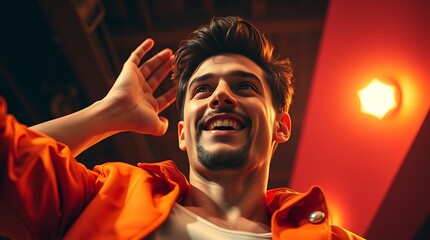 Happy Man in Orange Jacket, Expressing Joy