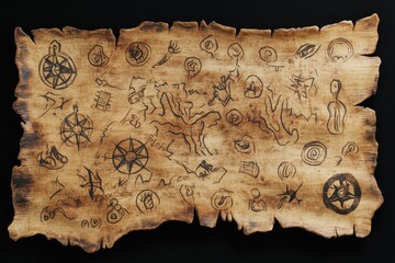 Ancient Pirate Map with Intricate Symbols and Compass Illustrations on Weathered Wood Displaying Hidden Treasures and Sea Navigation Techniques