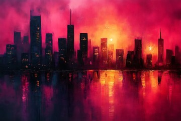 Obraz premium Vibrant sunset cityscape reflected in water.