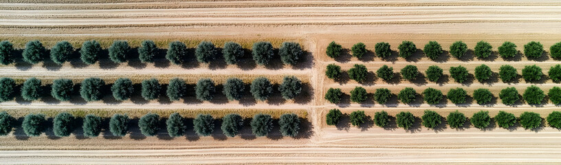 Aerial view Olive grove rows, field, agriculture