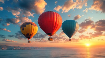 Obraz premium Majestic Hot Air Balloons Soaring at Sunset Over a Serene Lake