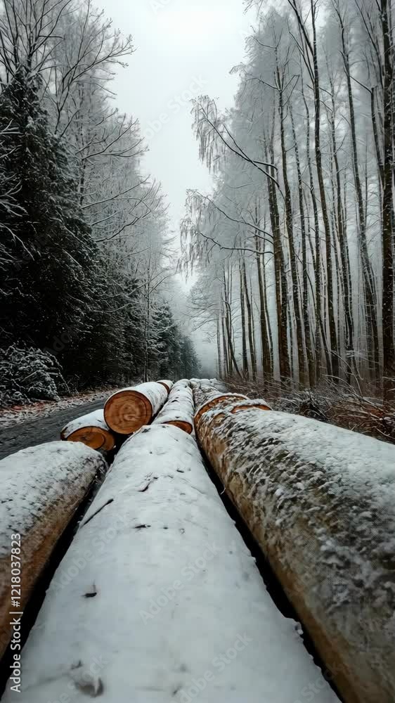 Poster snow-covered logs along a forest path in winter with frosted trees and a serene atmosphere