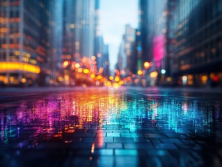 A surreal image of a city street where fire flows like water, glowing with vibrant hues