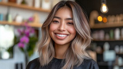 Obraz premium Young Latina woman, beauty salon, various hair care products blurred in the background