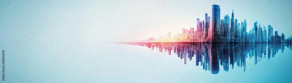 Poster Vibrant City Skyline at Dusk with Skyscrapers Illuminated and Reflected in Calm Water Creating a Dynamic Urban Atmosphere of Modern Life