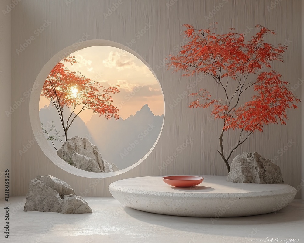 Poster minimalist zen room with circular window, showcasing autumnal trees and mountains at sunset; round p