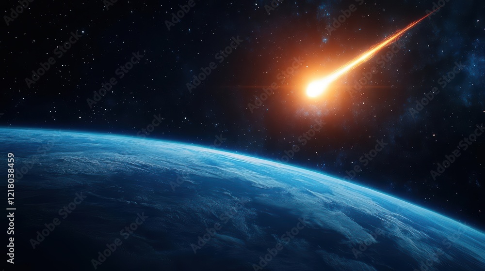 Poster brilliant comet illuminating the night sky as it races over earth with vibrant tail creating a breat