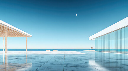 The square by the seaside is paved with stone slabs and has a glass curtain wall building next to it