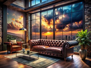 Surreal Dark Loft Living Room: Leather Sofa, Large Window, Modern Interior Design