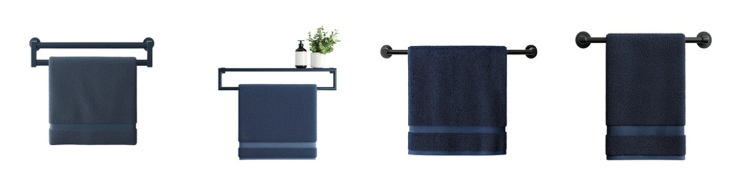 Minimalist and contemporary bathroom accessories including towel racks shelves and other storage solutions mounted on a plain white wall creating a tidy and organized aesthetic